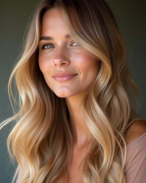Capelli lunghi mossi con un balayage dalle sfumature naturali color miele.