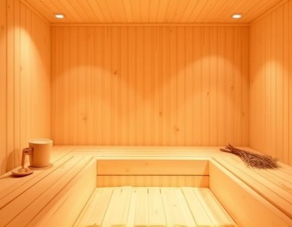 Interno della sauna finlandese in legno chiaro.